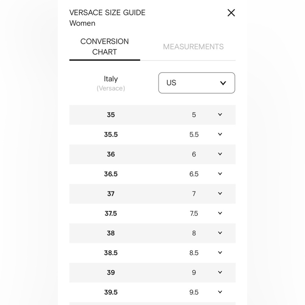 Versace Women Shoe Size Charts/Guide/Conversion